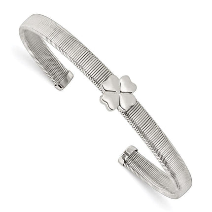 Stainless Steel Polished Flexible Four Leaf Clover Bangle ,