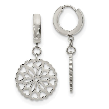 Stainless Steel Polished Flower Hinged Hoop Dangle Earrings ,