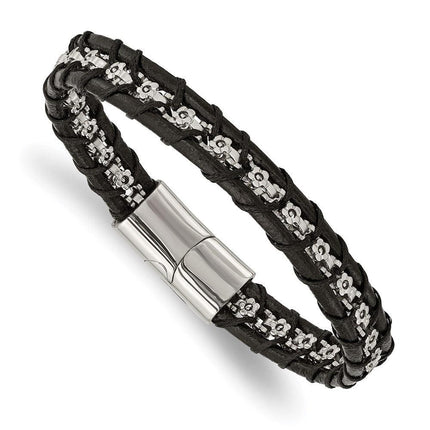 Stainless Steel Polished Flower Link Black Leather 8.25in Bracelet ,