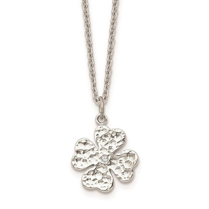 Stainless Steel Polished Four Leaf Clover with Crystal Necklace ,