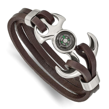 Stainless Steel Polished Functional Compass Brown Leather 8.5in Bracelet ,