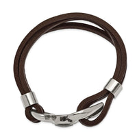 Stainless Steel Polished Functional Compass Brown Leather 8.5in Bracelet ,