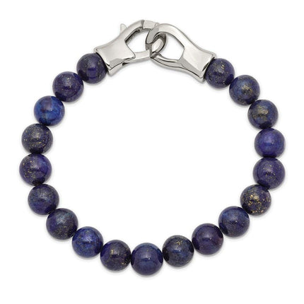 Stainless Steel Polished Genuine Lapis Beads 9in Bracelet ,