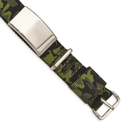Stainless Steel Polished Green Camo Fabric Adjustable ID Bracelet ,