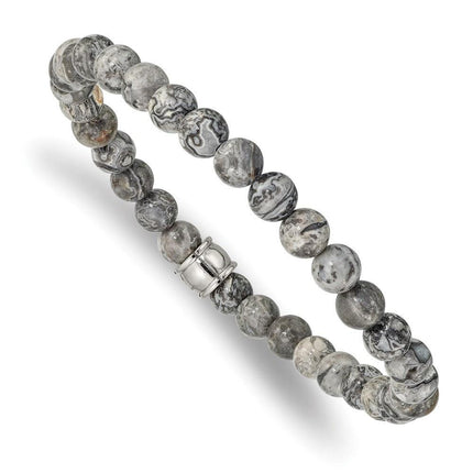 Stainless Steel Polished Grey Jasper Stretch Bracelet ,