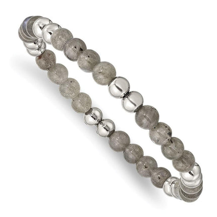 Stainless Steel Polished Grey Quartz Beaded Stretch Bracelet ,