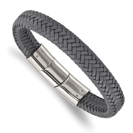 Stainless Steel Polished Grey Woven Leather w/.5in ext 8in Bracelet ,