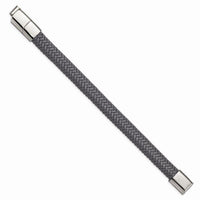 Stainless Steel Polished Grey Woven Leather w/.5in ext 8in Bracelet ,