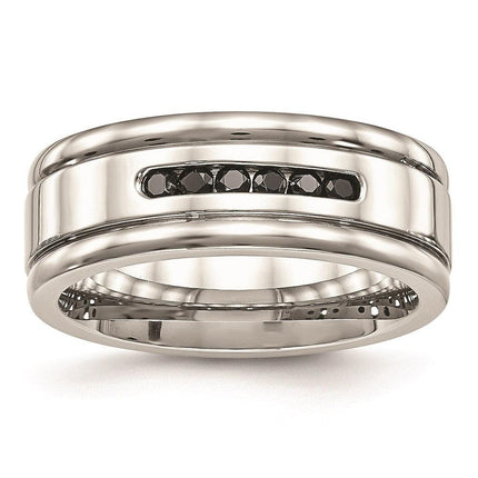 Stainless Steel Polished Grooved Black CZ Ring ,