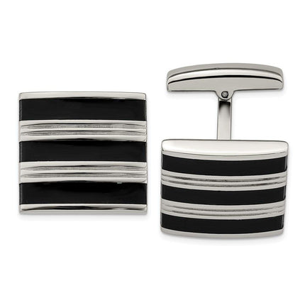 Stainless Steel Polished Grooved Black Rubber Stripes Cufflinks ,