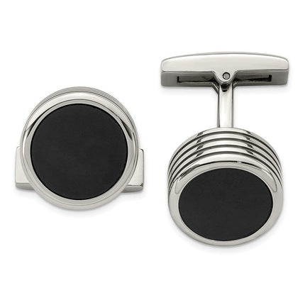 Stainless Steel Polished Grooved Round Black IP Cufflinks ,