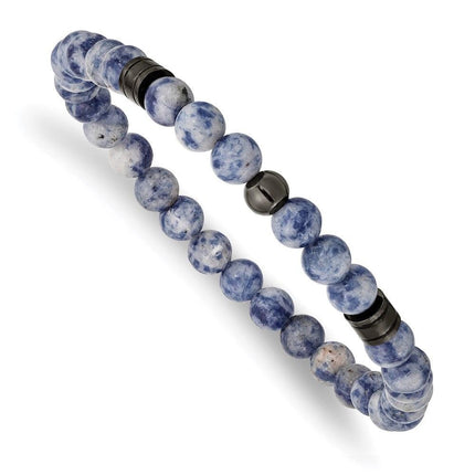Stainless Steel Polished Gun Metal IP and Lapis Beaded Stretch Bracelet ,