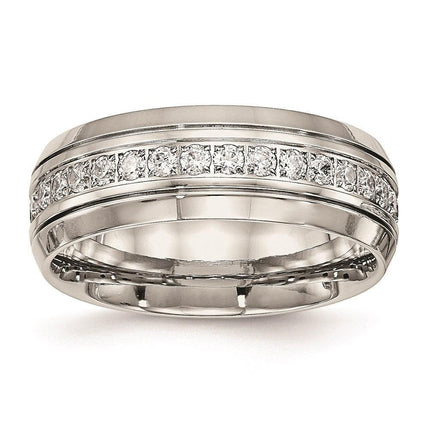 Stainless Steel Polished Half Round Grooved CZ Ring ,