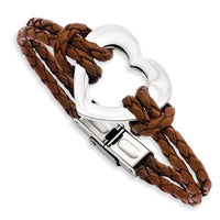 Stainless Steel Polished Heart 7.5in Leather Bracelet ,