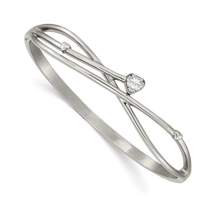 Stainless Steel Polished Heart CZ Hinged Bangle ,