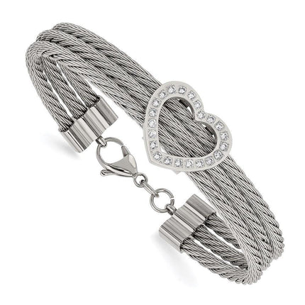 Stainless Steel Polished Heart w/ CZ Bracelet ,