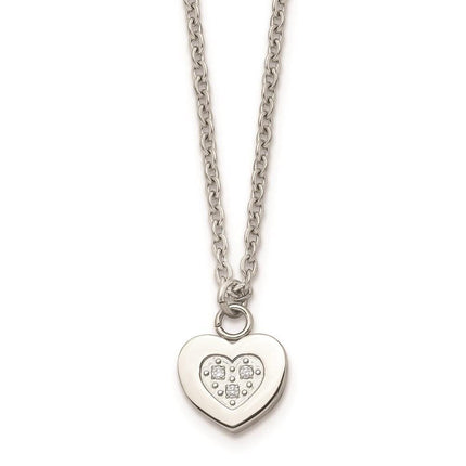 Stainless Steel Polished Heart with CZs Necklace ,