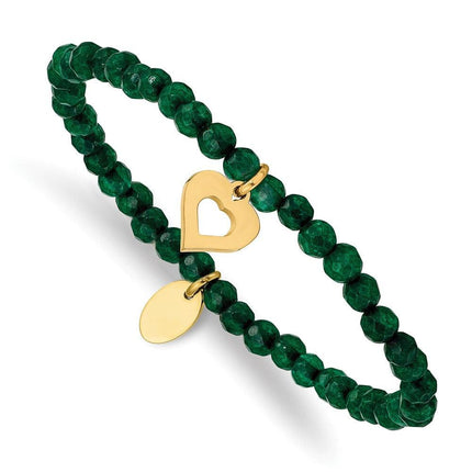 Stainless Steel Polished Heart Yellow IP Green Jade Stretch Bracelet ,