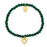 Stainless Steel Polished Heart Yellow IP Green Jade Stretch Bracelet ,