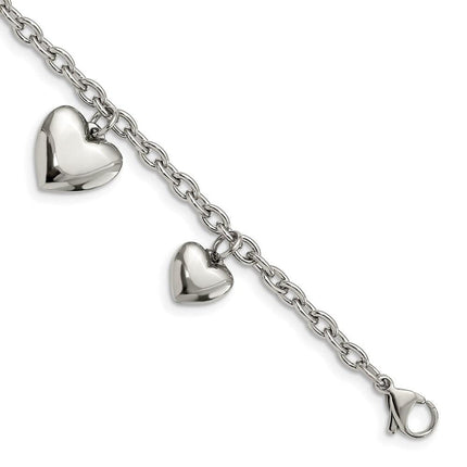 Stainless Steel Polished Hearts 8in Bracelet ,