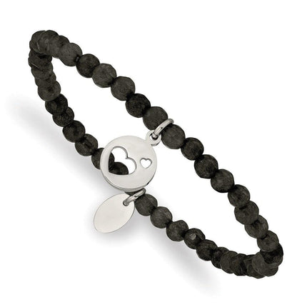 Stainless Steel Polished Hearts Black Jade Beaded Stretch Bracelet ,