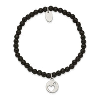 Stainless Steel Polished Hearts Black Jade Beaded Stretch Bracelet ,