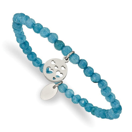 Stainless Steel Polished Hearts Blue Jade Beaded Stretch Bracelet ,