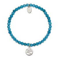 Stainless Steel Polished Hearts Blue Jade Beaded Stretch Bracelet ,