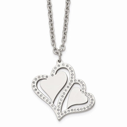 Stainless Steel Polished Hearts with Crystals w/ 2.25in. Ext. Necklace ,