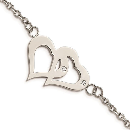 Stainless Steel Polished Hearts with CZs 6.5in w/1.25in. ext. Bracelet ,