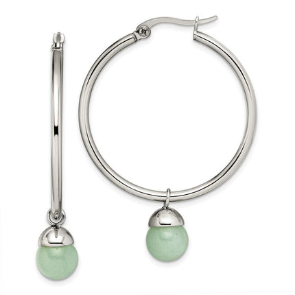 Stainless Steel Polished Hoop w/Green Aventurine Bead Earrings ,