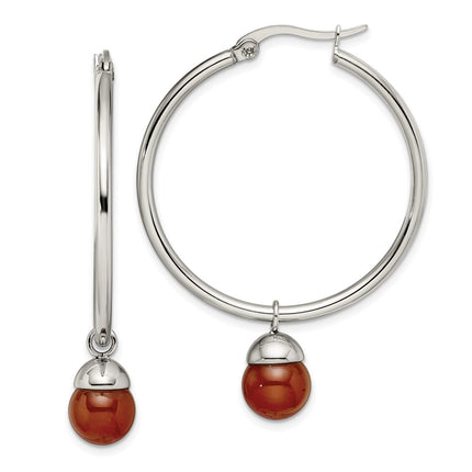 Stainless Steel Polished Hoop w/Red Agate Bead Earrings ,