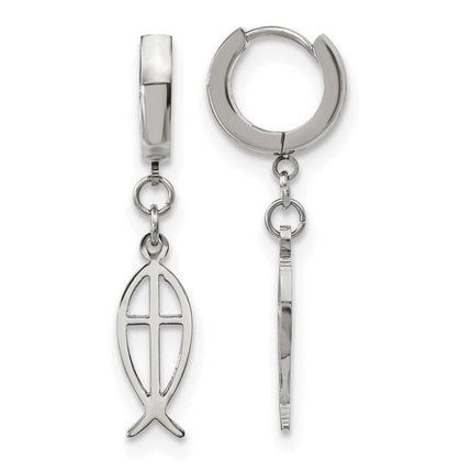 Stainless Steel Polished Ichthus Hinged Hoop Dangle Earrings ,