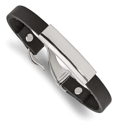 Stainless Steel Polished ID and Black Leather Bracelet ,