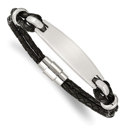 Stainless Steel Polished ID and Black Woven Leather Bracelet ,