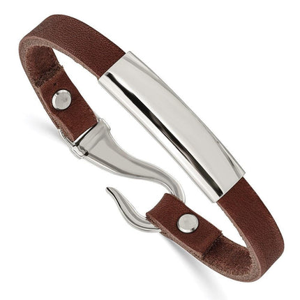 Stainless Steel Polished ID Brown Leather Bracelet ,