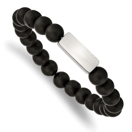 Stainless Steel Polished ID Plate Black Agate Bead Stretch Bracelet ,