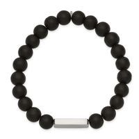 Stainless Steel Polished ID Plate Black Agate Bead Stretch Bracelet ,