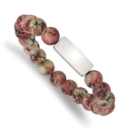 Stainless Steel Polished ID Plate Rhodochrosite Bead Stretch Bracelet ,