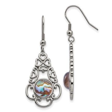 Stainless Steel Polished Imi. Abalone & Glass Shepherd Hook Earrings ,