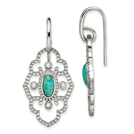 Stainless Steel Polished Imi. Turquoise & CZ Dangle Earrings ,