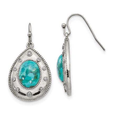 Stainless Steel Polished Imitation Turquoise and CZ Shepherd Hook Earrings ,