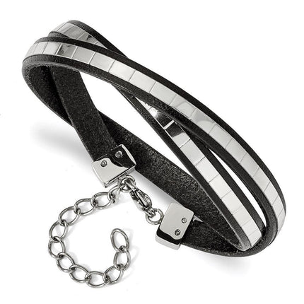 Stainless Steel Polished Italian Leather 14.5in w/2in ext Wrap Bracelet ,