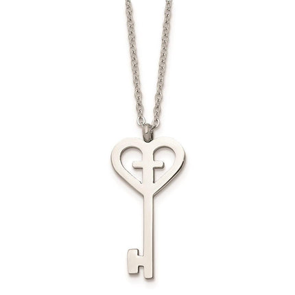 Stainless Steel Polished Key with Cross Necklace ,