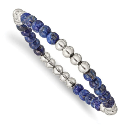 Stainless Steel Polished Lapis Beaded Stretch Bracelet ,