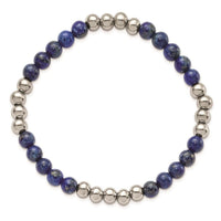 Stainless Steel Polished Lapis Beaded Stretch Bracelet ,
