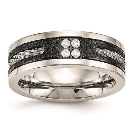 Stainless Steel Polished Laser Cut Blk IP Wire Inlay CZ Band ,