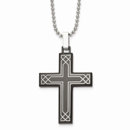 Stainless Steel Polished Laser Etched Black IP Cross Necklace ,