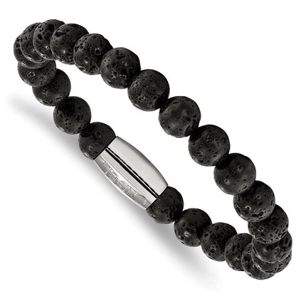 Stainless Steel Polished Lava Rock Beaded Stretch Bracelet ,