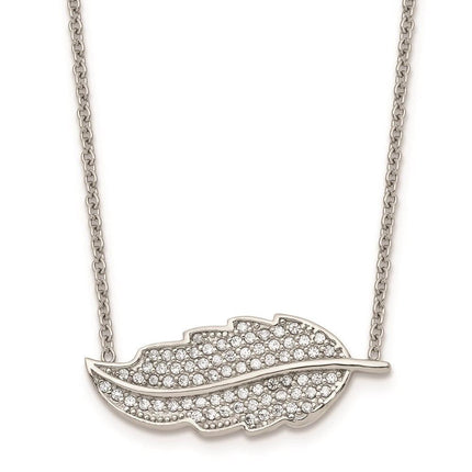 Stainless Steel Polished Leaf with CZs Necklace ,